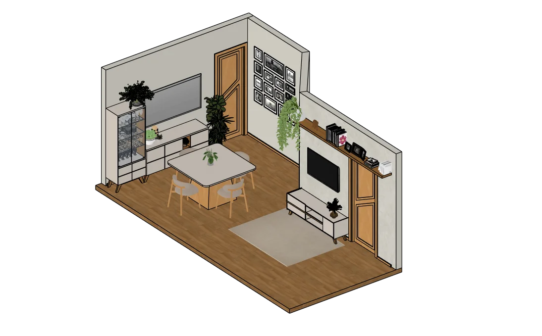 Estudo do ambiente em perspectiva com organização do mobiliário